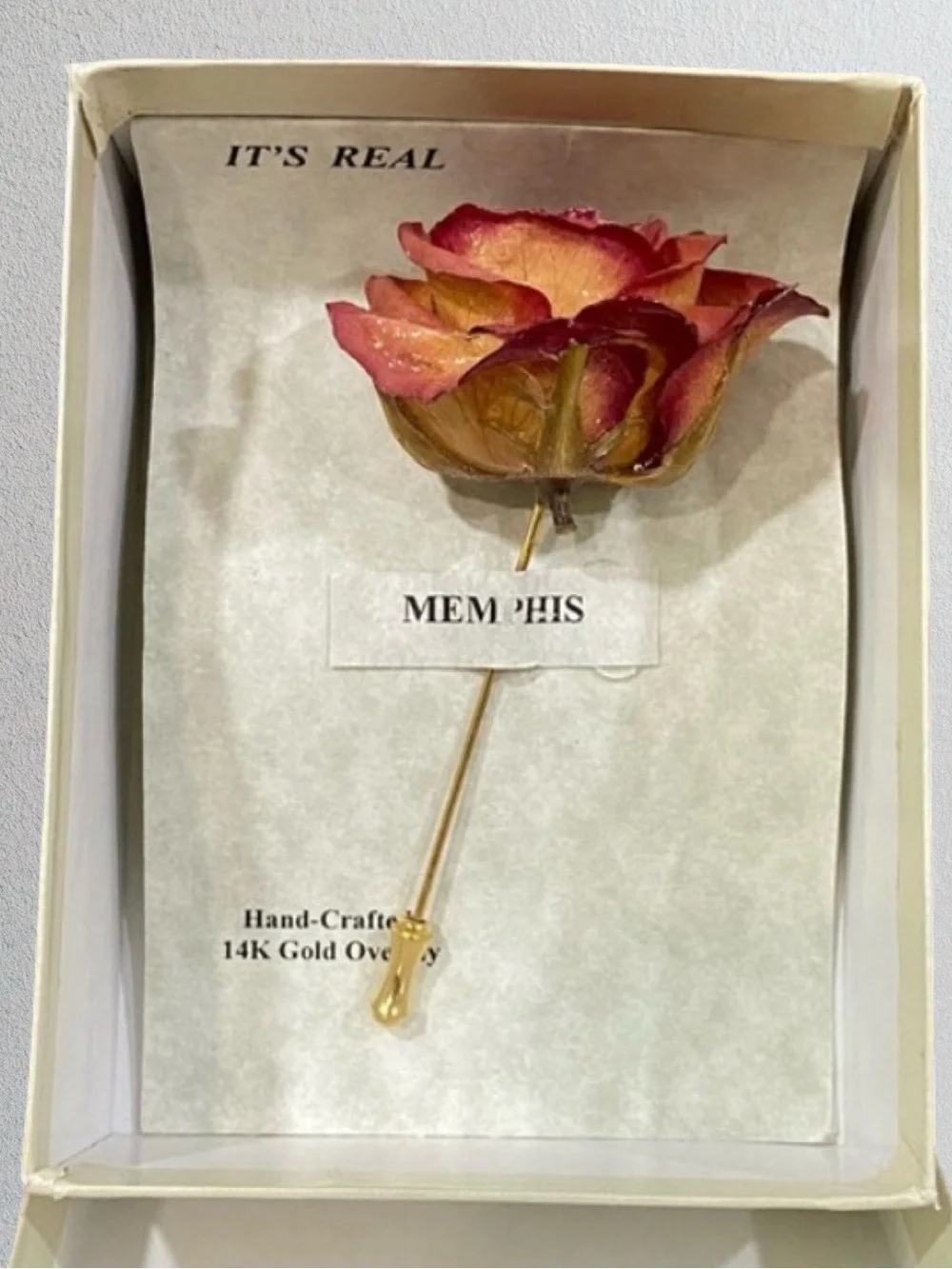 Vintage Handmade Real Rose Stick Pin 14K Gold Overlay Puspa-Danaya